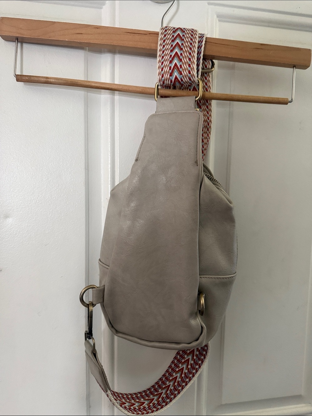 Casual Neutral Sling Bag with Patterned Strap